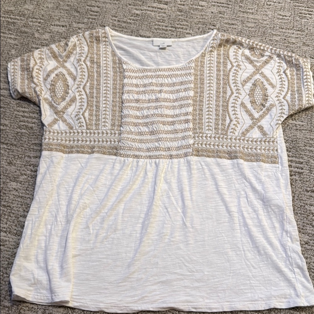 J.Jill White and Tan Embroidered Women's Top - Medium